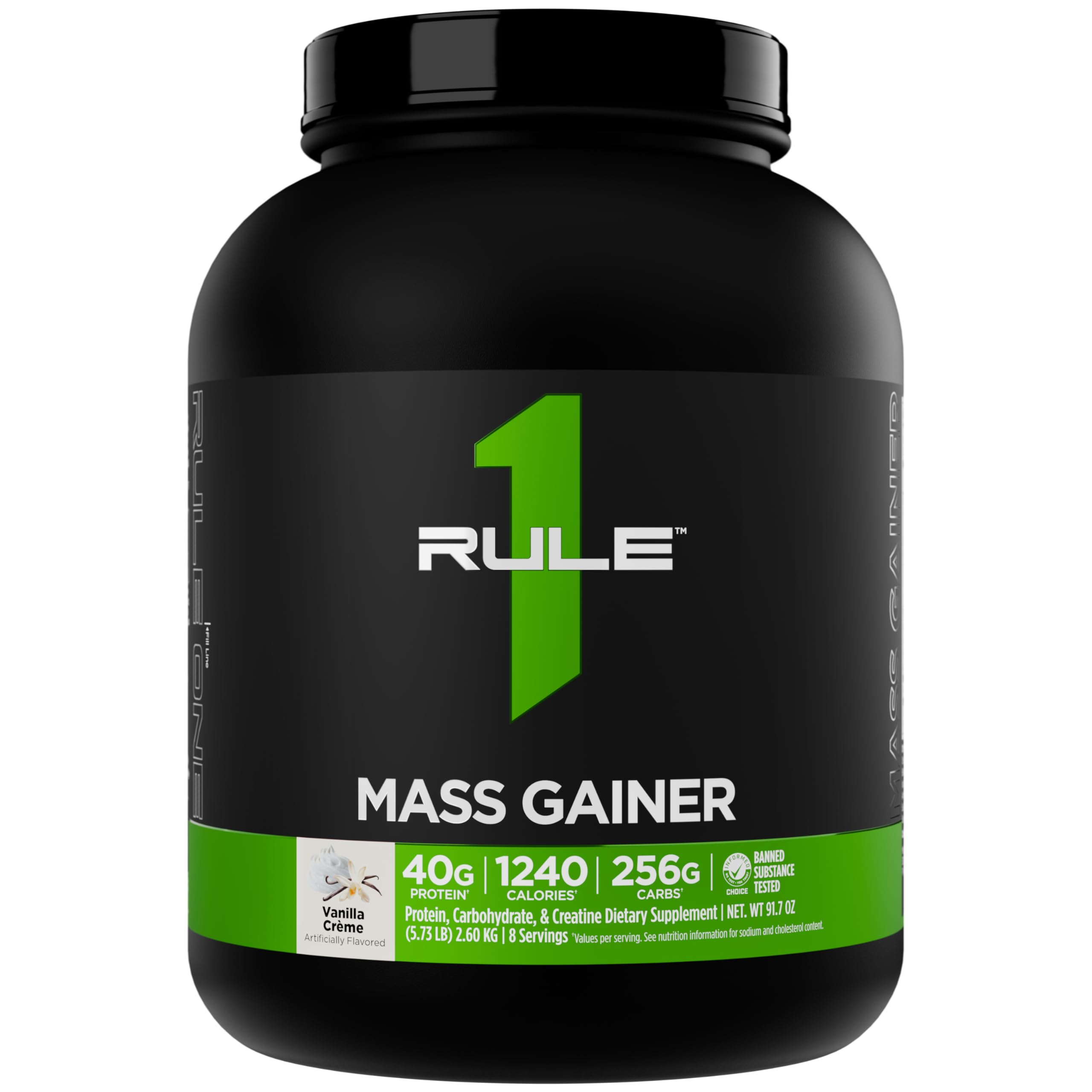 rule 1 mass gainer - high-calorie weight gain formula with 1220 calories 250g complex carb blend 40g all-whey protein per serving 8 servings vanilla crme