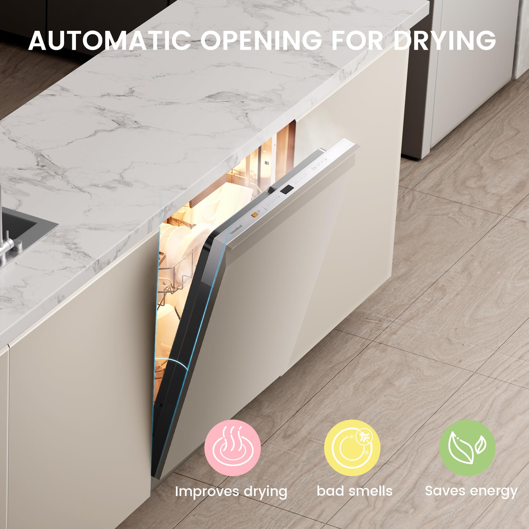 COMFEE' Fully Integrated Dishwasher with 14 Place Settings, Wi-Fi Connected, 47dB Low Noise, Built-in Dishwasher with Rapid Wash, Half-load, Auto Door Open Drying-CDWPF1415P-UK — view 8