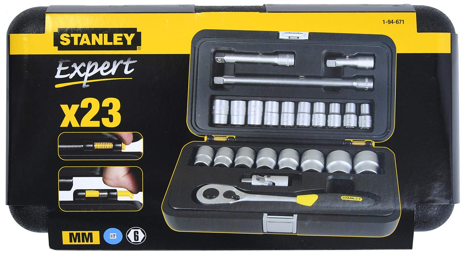 STANLEY 1-94-671 Coffret A Douilles 1/2" + Cliquet 1/2" - Jeu De 23 Pièces