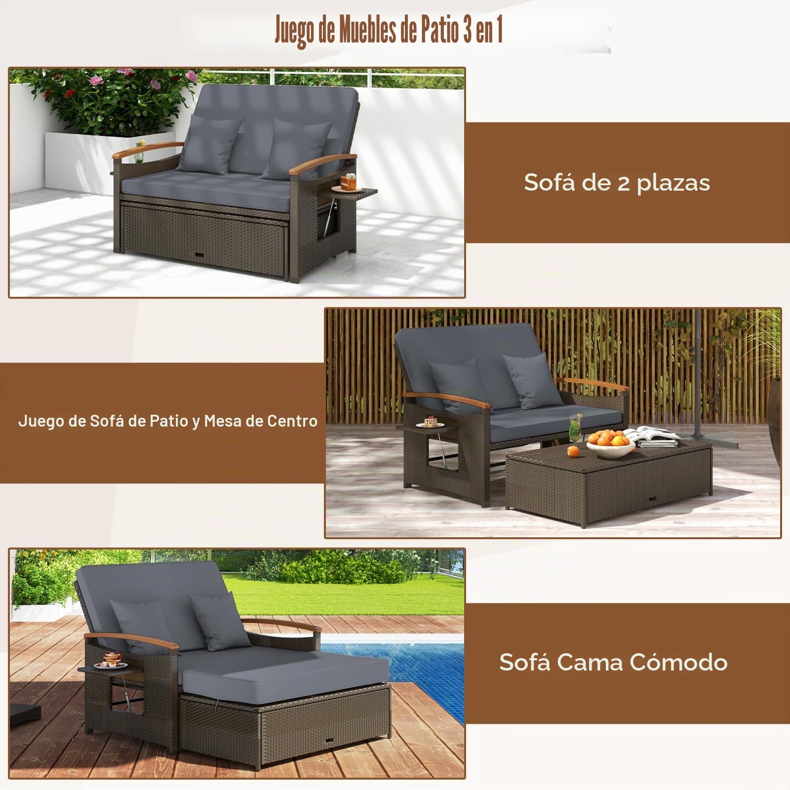 GIANTEX Conjunto de Muebles de Ratán para Jardín, Sofá de Ratán de 2 Plazas y Taburete, Sofá Cama con Estantes Laterales y Cojines, Tumbona Doble para Jardín, Balcón, Terraza (Gris)