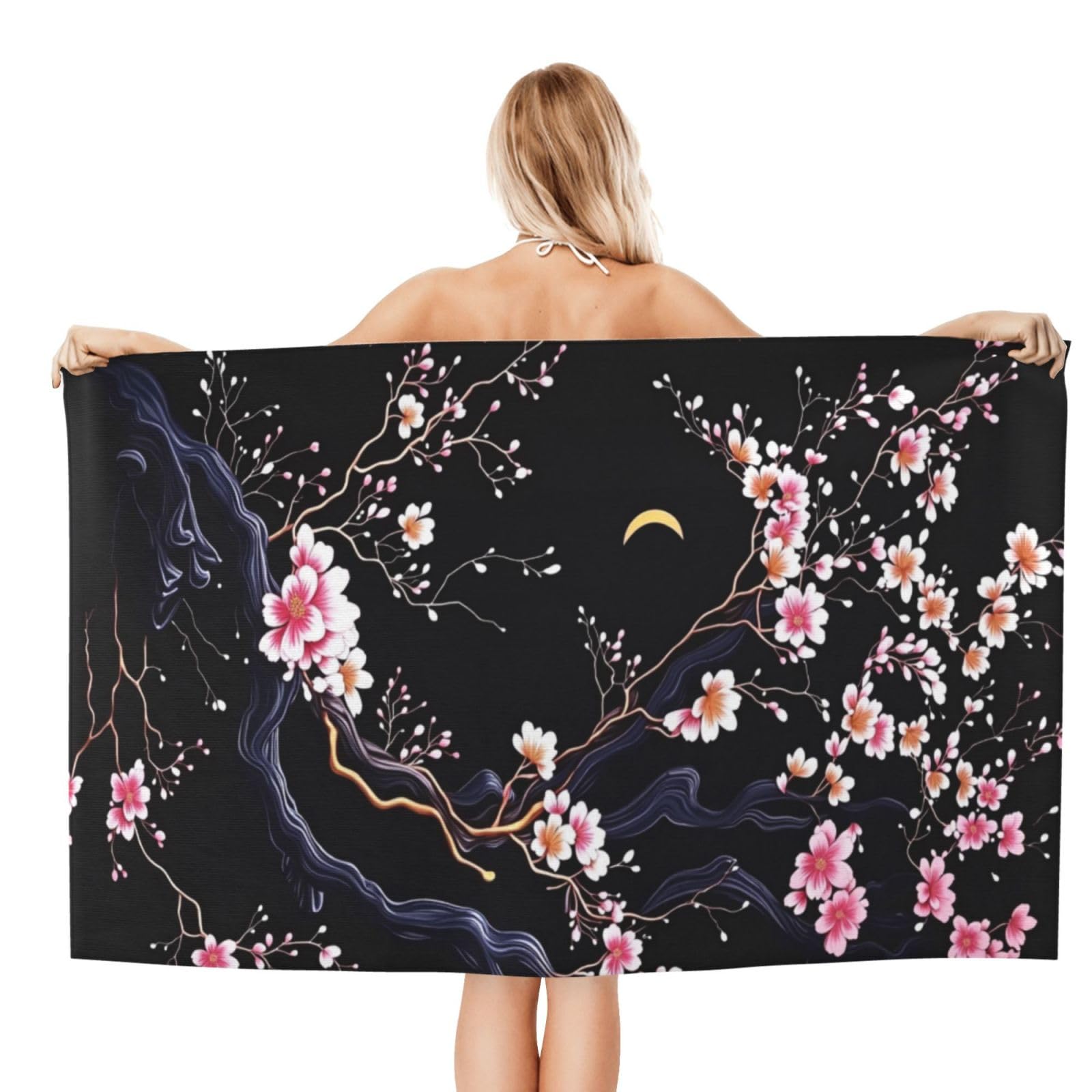 Anceky Beach Towel for Women, Cherry Blossom Night Moon Sand-Free Microfiber Ultra Soft Lightweight Bath Towels for Outdoor Bathroom Swimming 32"X52"