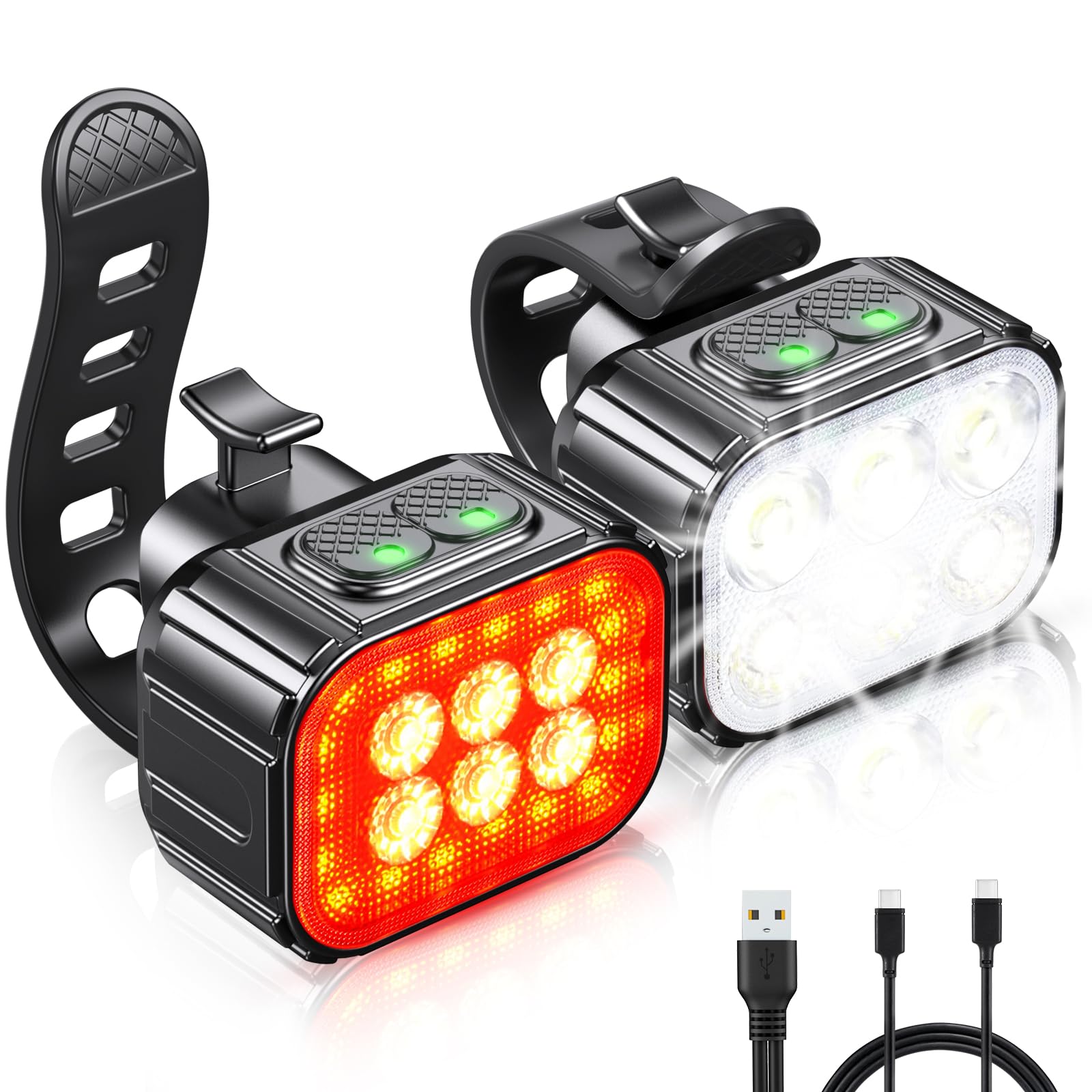 Cuvccn USB ricaricabile lampada con faretto e proiettore, illuminazione per bicicletta impermeabile IP65 per la guida di notte, 4 x 4 + 6 x 6 modalità luce faro e luce Tali
