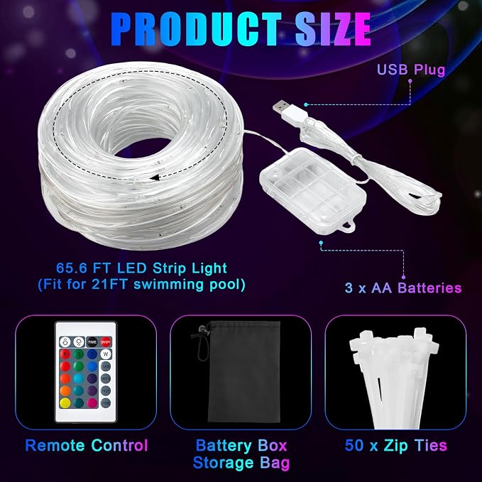 Luces LED para piscina con control remoto, resistente al agua, 65.6 pies miniatura 2