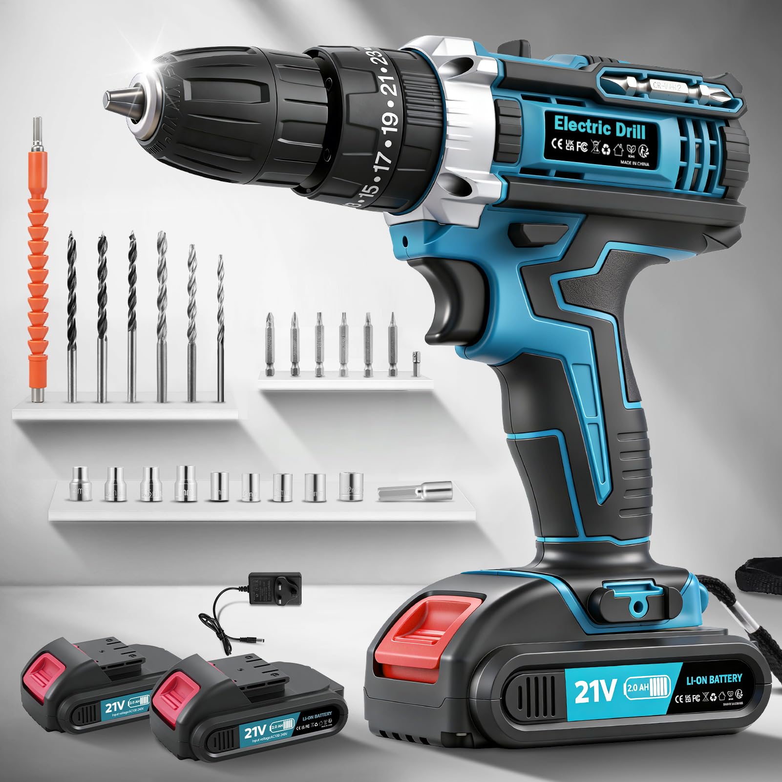 Cordless Drill Set 21V,25+3 Torque Power Drills with 2×2.0Ah Batteries, 50N.m Max Electric Screwdriver Kit,3/8 Inch Chuck Battery Drill with 2 Variable Speeds,LED Light,Cordless Screwdriver for Home