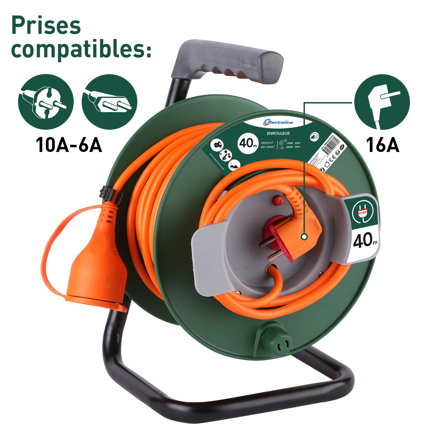 Electraline 20866149FG - Prolongador de extensión (40 m, 16 A, sección 3G1,5 mm²), color naranja y verde