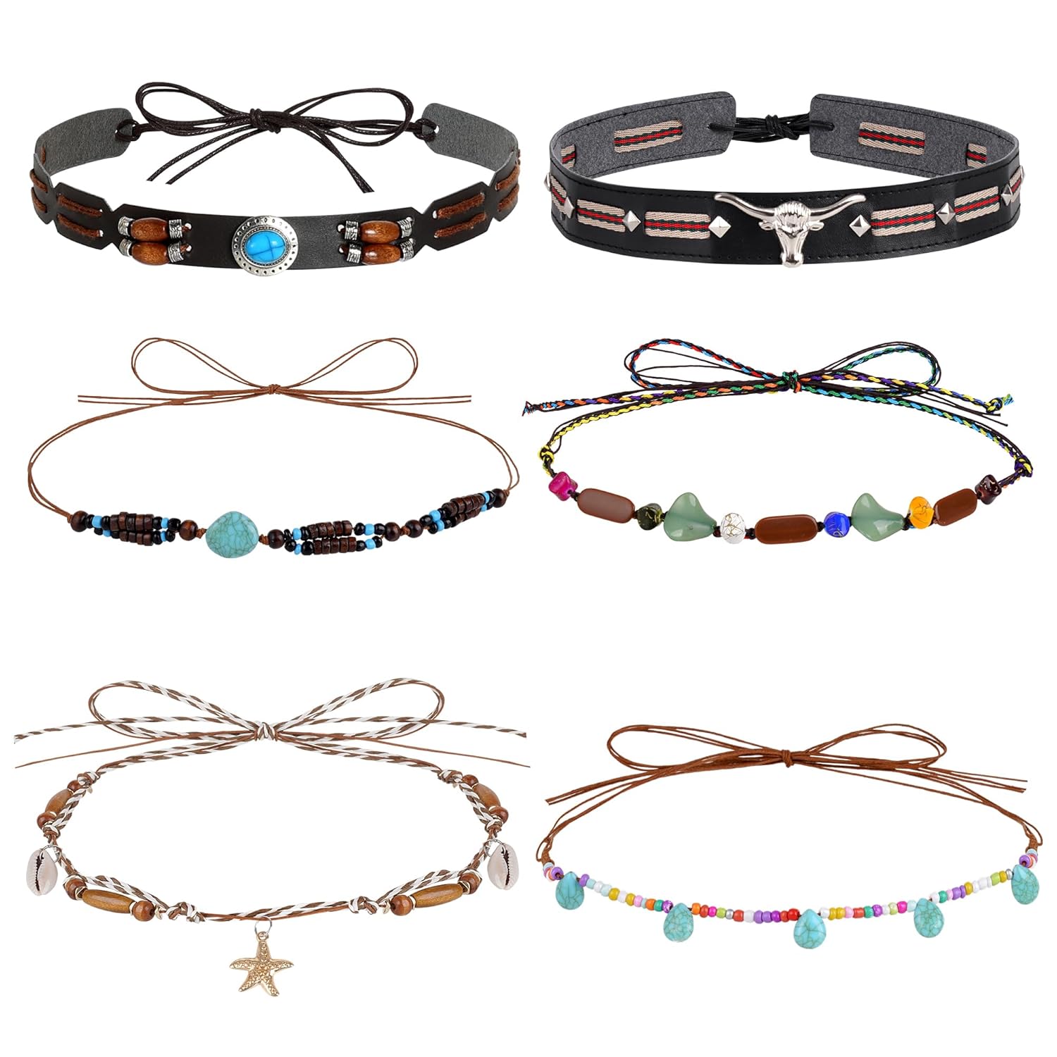 6 Pcs Cowboy Hat Bands Beaded Hat Bands for Women Men Straw hats Ethnic Western Cowboy Decorative Accessories