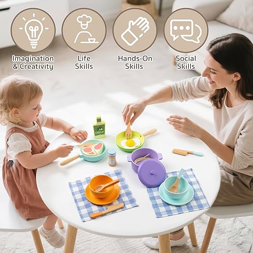 Miniatura 2 de Accesorios de cocina para niños, juego de cocina de madera para niños pequeños, 22 piezas, juego de comida para niños con ollas y sartenes, juguetes
