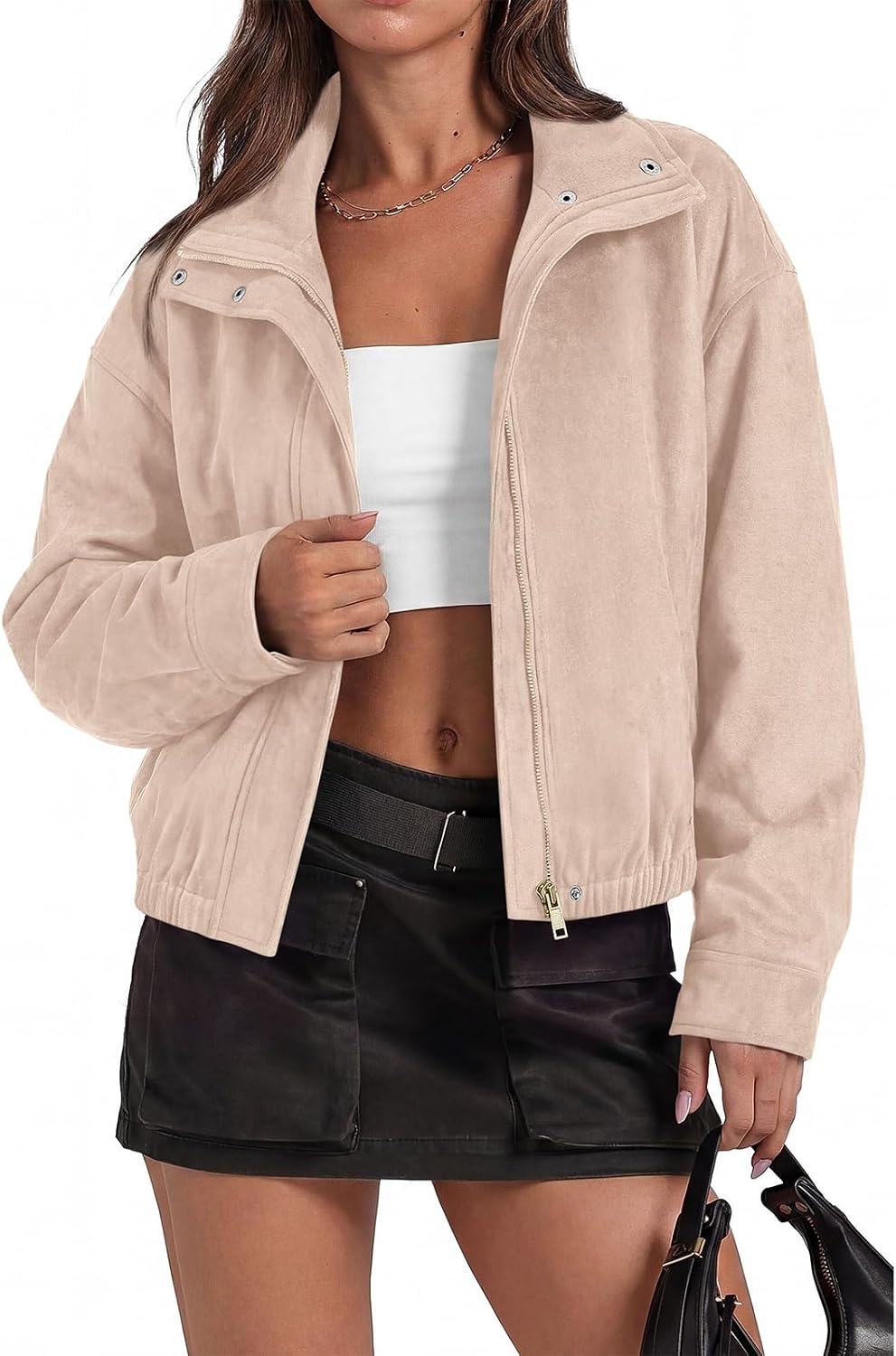 PRETTYGARDEN Lightweight Faux Suede Cropped Bomber Jacket Women Outerwear | Full Zipper, Elastic Hem, Lapel Collar, Long Sleeve Fall Jackets, Loose Fit Ladies Coats, Fashion Clothing with Pockets