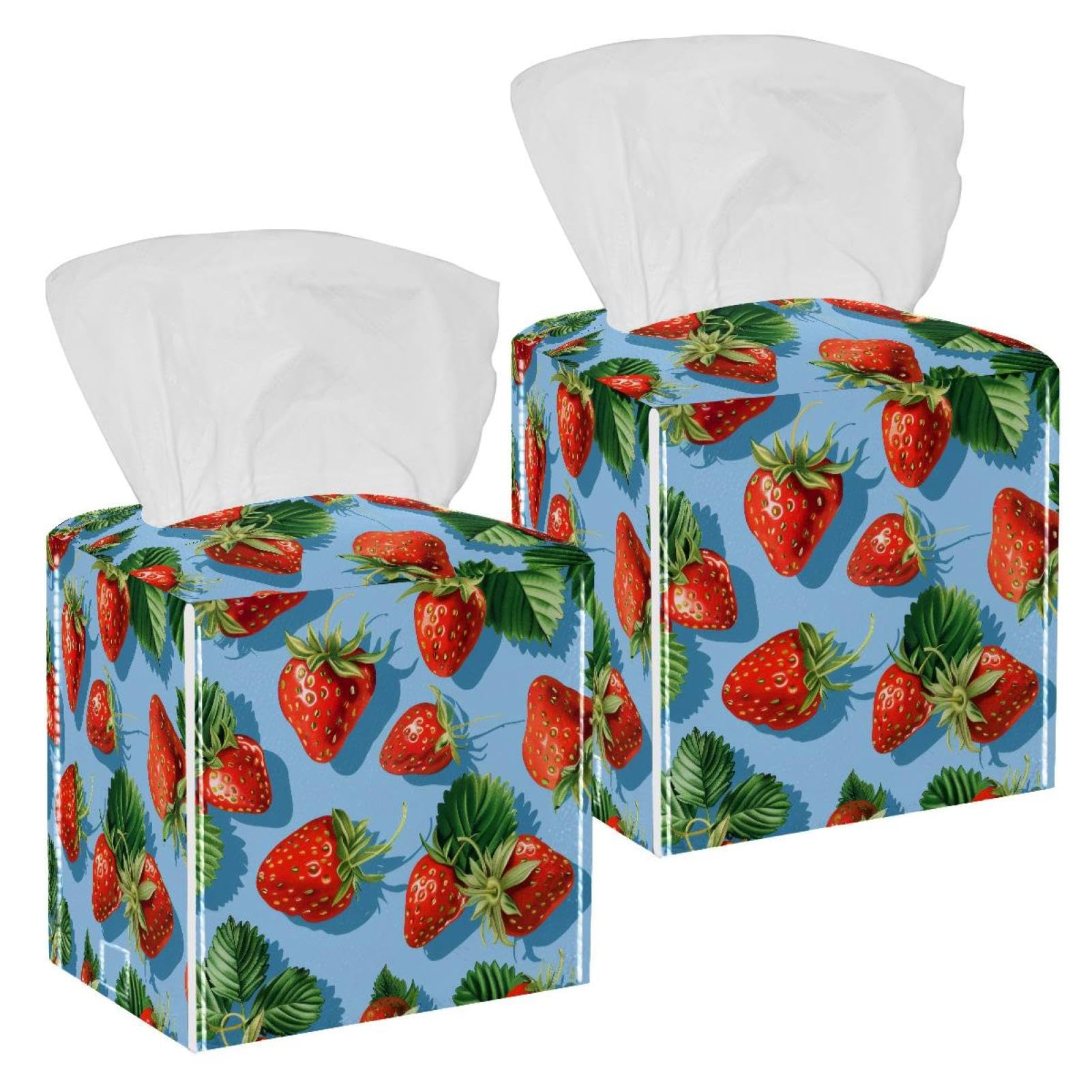 Strawberries Tissue Box Cover, 2 Pack PU Leather Square Facial Tissue Dispenser Box holder for Home Office Car