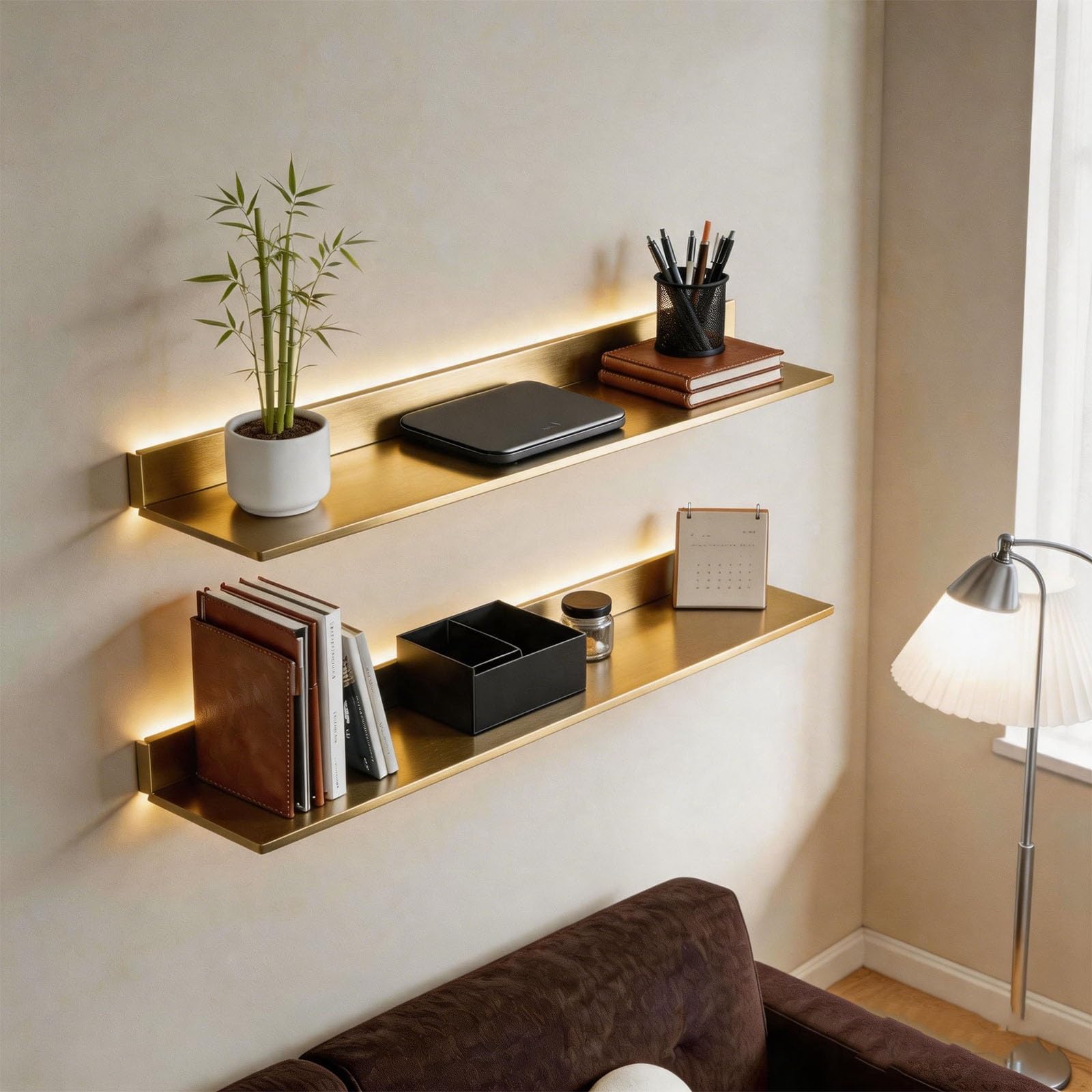 BVCL Juego de 2, Estante de Pared Metálico con Iluminación LED - Repisa Moderna para Terraza, Baño, Cocina, Sala, Dormitorio(Gold,2PC-120cm)