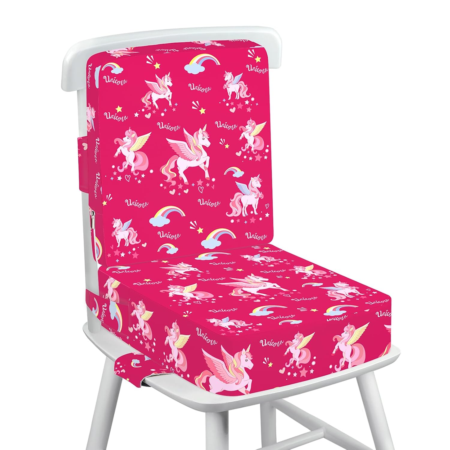 Toddler Booster Seat for Dining Table with Adjustable Straps, Kids Booster Seat for Kitchen Chair with Non-Slip Bottom, Portable Detachable Washable Increasing Cushion (Unicorn)