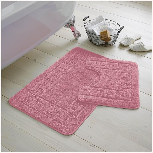 GC GAVENO CAVAILIA 2 Piece Washable Bathroom Mat, Extra Absorbent Anti Slip Bath Mats, Super Soft Toilet Rugs Set, Pink, (50x80, 50x40 cm)