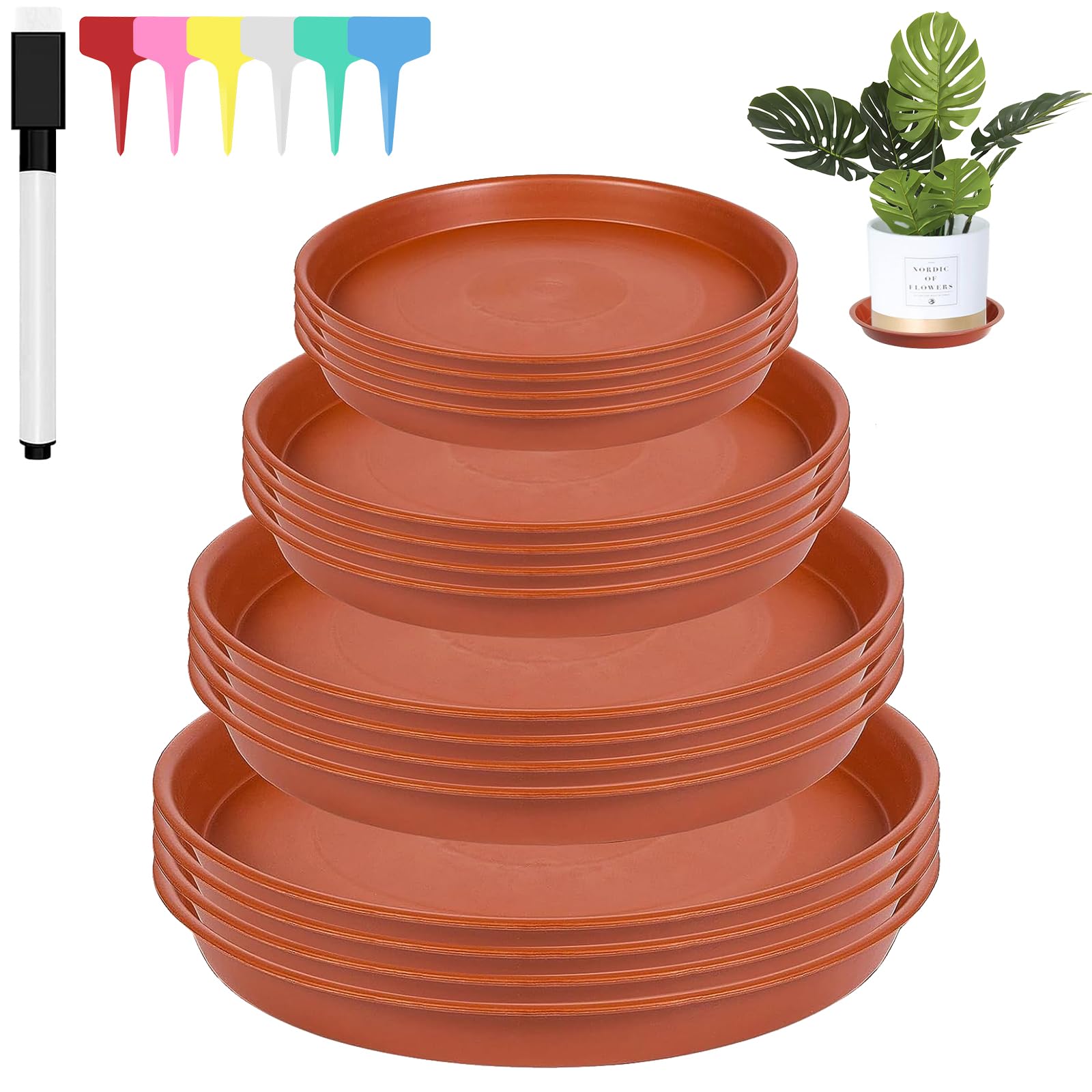 Set 15 Sottovasi Rotondi In Plastica Rosso Mattone - Diametri Assortiti 14, 16, 18 Cm - Proteggi Pavimenti E Mobili - Ideali Per Interni Ed Esterni