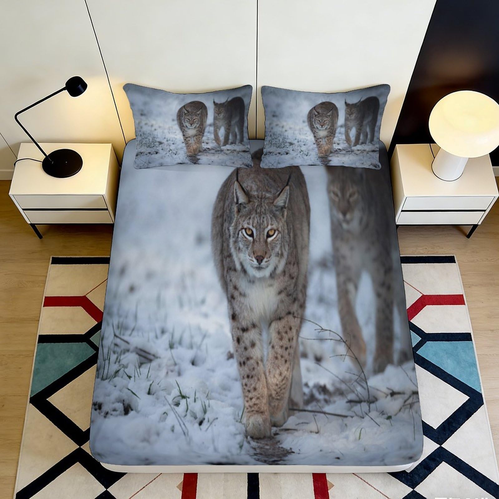 3D Printed Snow Lynx Fitted Sheet Microfiber Soft Non-slip Forest Animal Mattress Cover Bedroom Decor 140x200x25cm