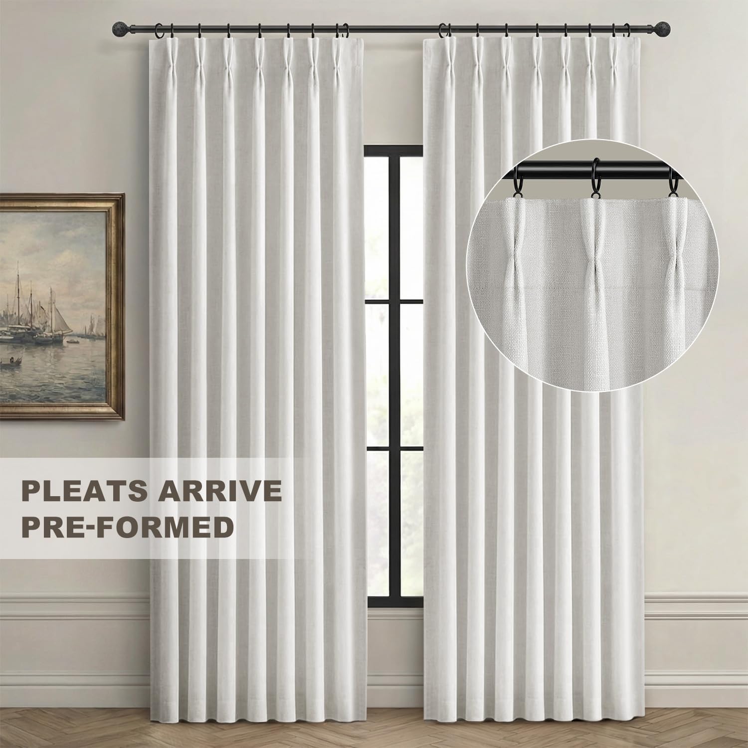 Pinch Pleated Linen Blackout Curtains 90 Inch Length, 2 Panels Textured Neutral Drapes for Living Room Bedroom Back Tab Window Curtains with Hooks, White