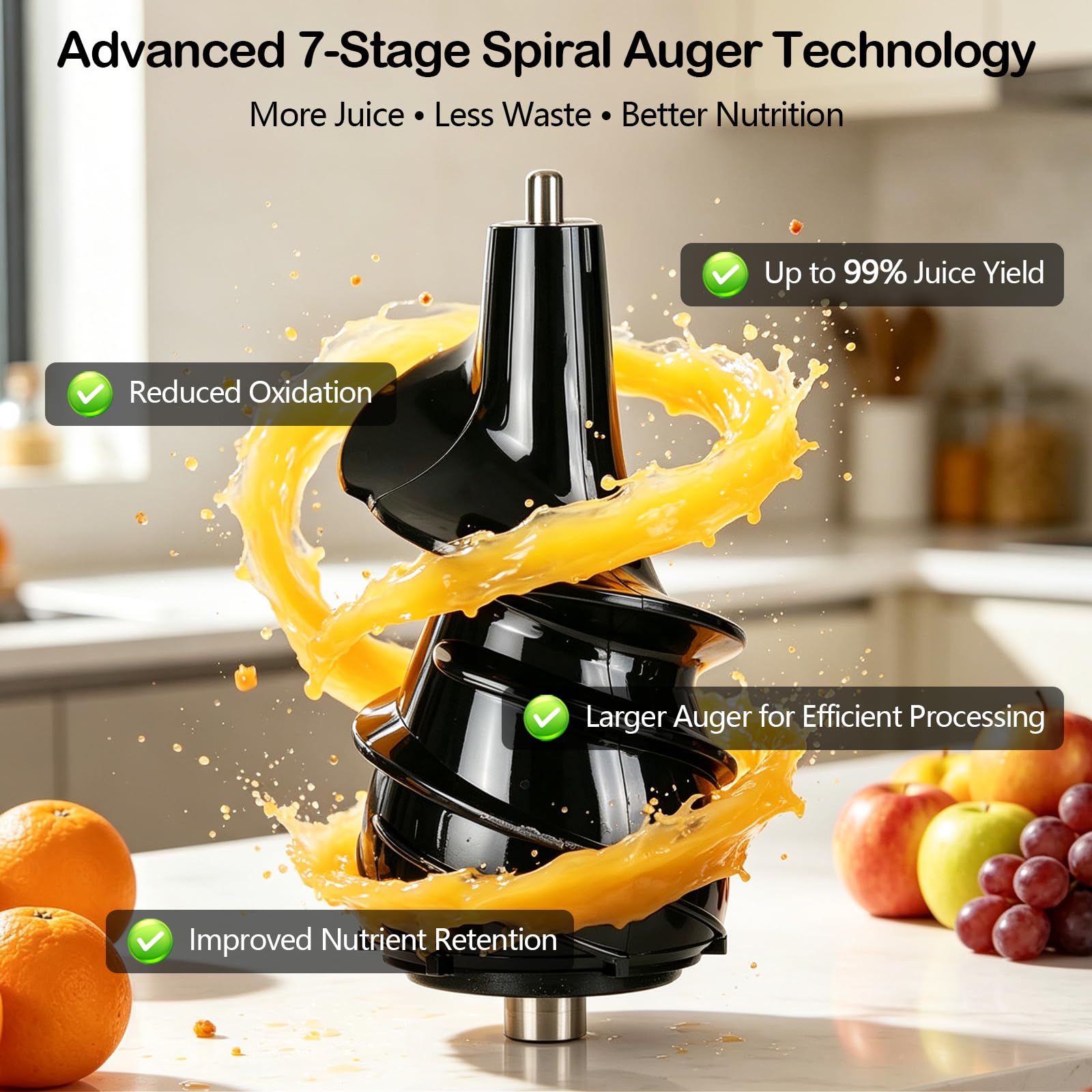 Extractor de Jugo Slow Juicer 1L, Entrada XXL de 160 mm | Hasta 97 % de Rendimiento, 2 Sistemas de Filtro para Zumo Sorbete Leche Vegetal & Helado de Frutas, Recetario Incluido