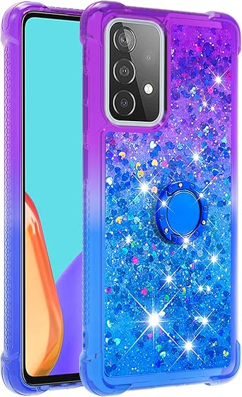 Samsung Galaxy A52 Case with Ring Kickstand, A52s 5G Case Cute Glitter Bling Sparkle Clear Silicone ShockProof Protective Phone Cover for Samsung A52 Girls, Purple & Blue