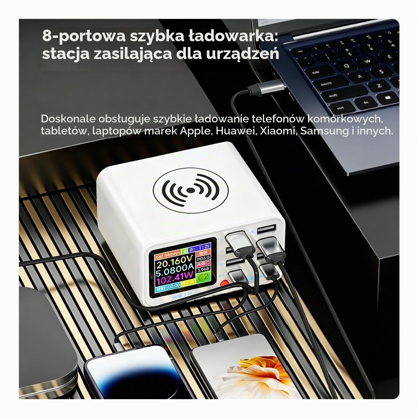 Cuifati Stacja ładowania Bezprzewodowego USB, 65W 8 Port Stacja ładowarka USB z Wyświetlaczem Ekranu, Multi Urządzenia Inteligentna Organizator Komputerów (wtyczka UE)