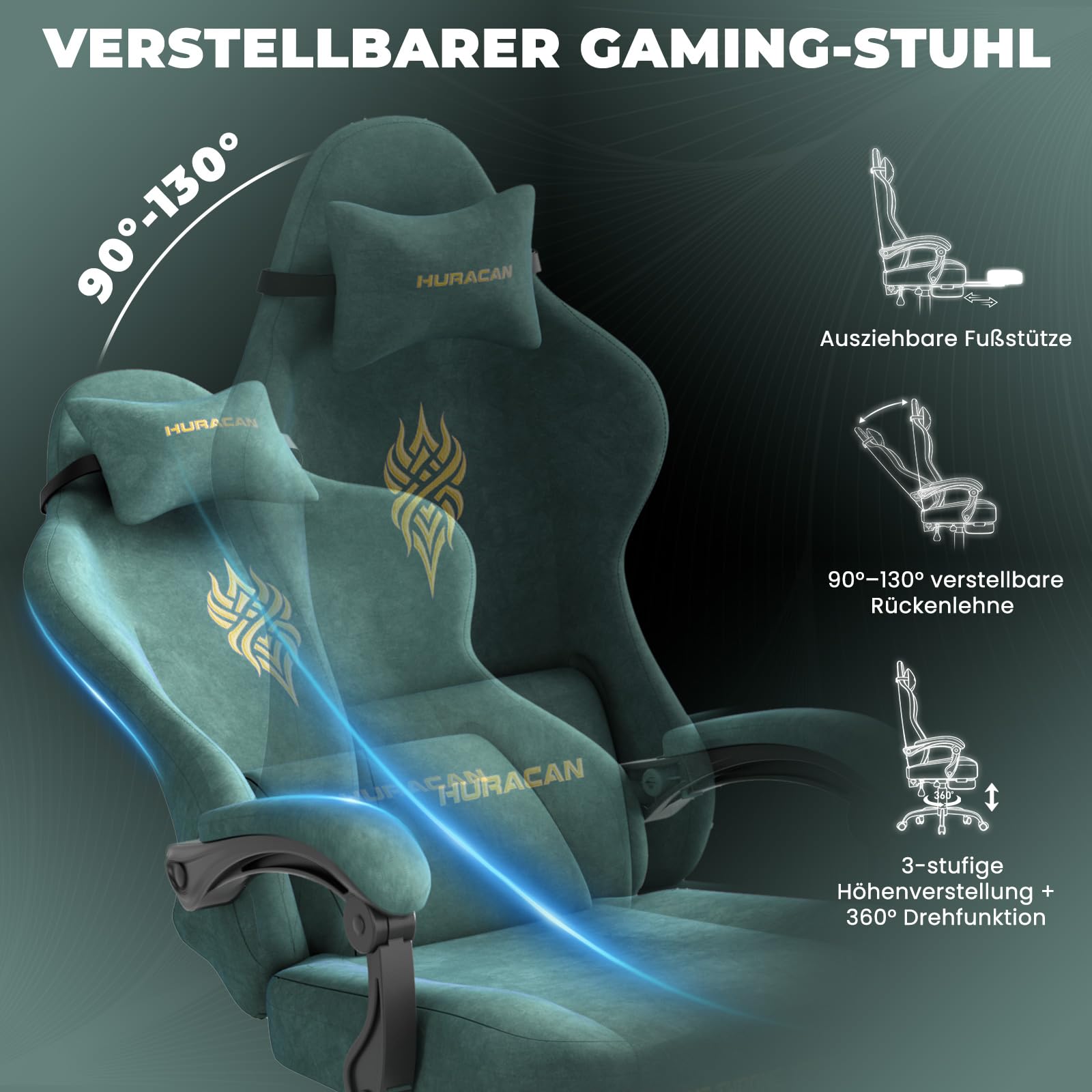 Huracan Chaise Gaming Ergonomique, Fauteuil Gamer avec Repose-Pieds Télescopique Coussin à Ressorts, Support Lombaire, Tissu Velours Respirant pour Les Longues Sessions de Gaming et de Travail, Vert