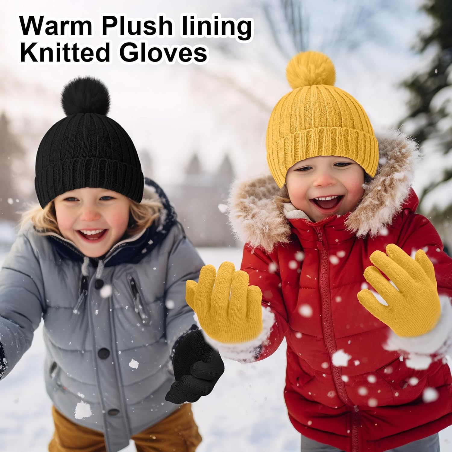 JaGely Kids Beanie and Glove Set Winter Snow Warm Hat and Gloves Unisex Knit Hat with Pompom Full Fingers Ski for Boys Girls