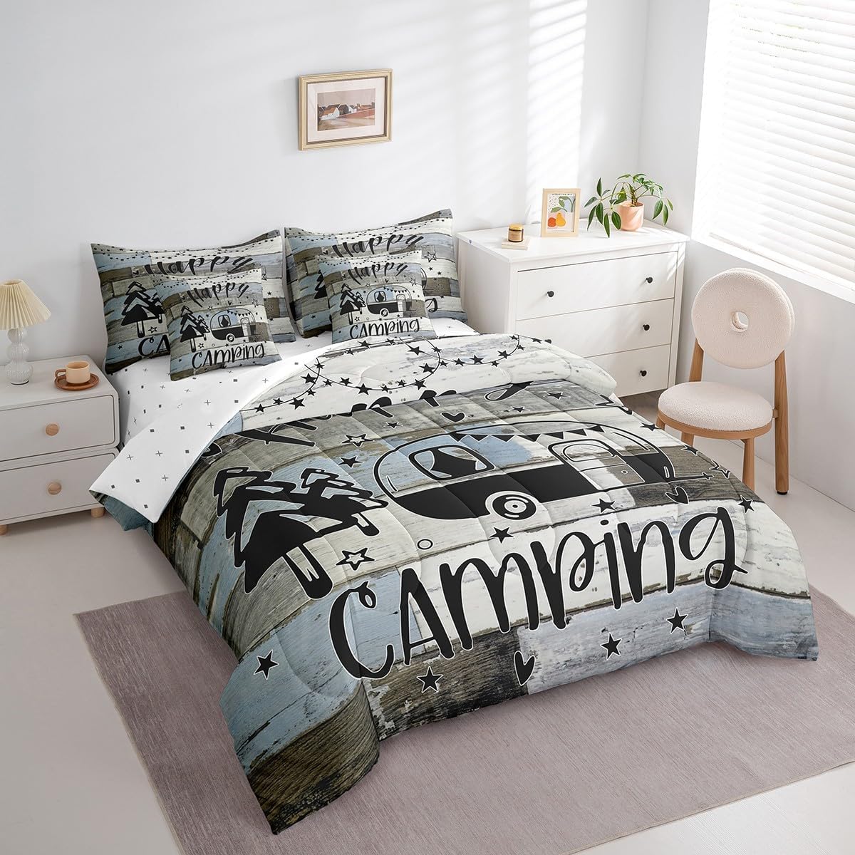 Feelyou Happy Camping 7 Pieces Bedding Set Camper Queen Size Comforter Set with Sheets for Kids Boys Girls Rustic Farmhouse Style Bed in a Bag Vintage Wooden Planks Bed Set Bedroom