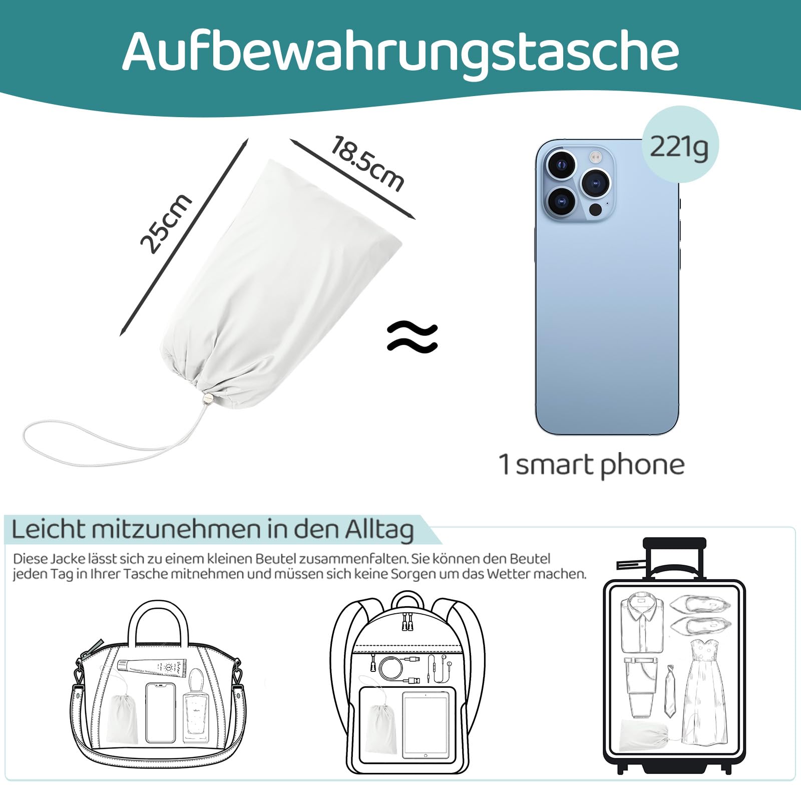 PONCEAU Damen Wasserdichte Faltbar Regenjacke mit Kapuze，Laufjacke Wasserdicht Atmungsaktiv Leichte Jacke Windbreaker Atmungsaktive Packbare zum Wandern Reisen Treking Fahrrad