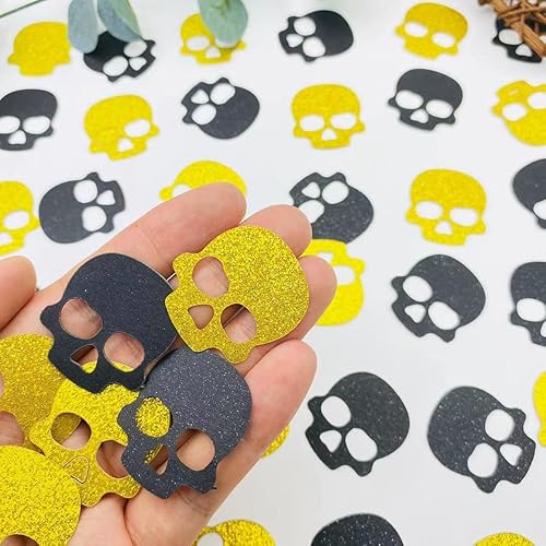 Miniatura 2 de 100 piezas de confeti de calavera para decoración de Halloween, papel de decoración de calabaza, purpurina dorada y negra, confeti de papel para