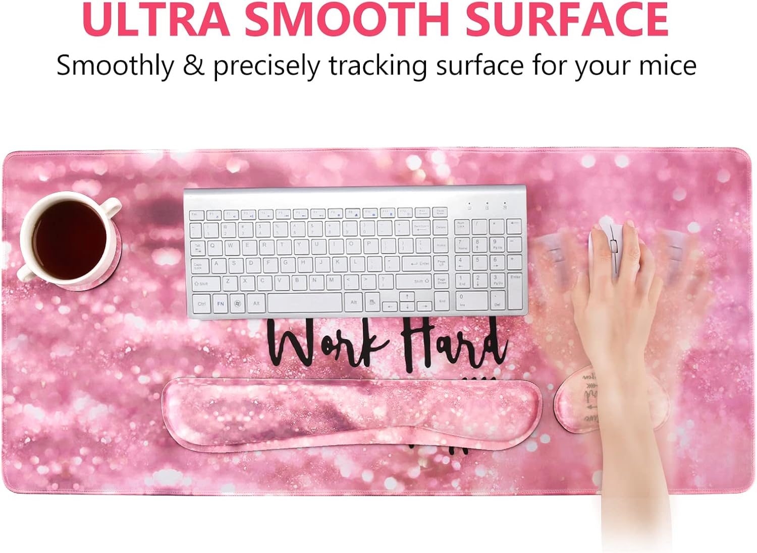 DINKY Keyboard Mouse Pad Set, Large Gaming Mousepad + Memory Foam Ergonomic Keyboard Wrist Rest Support, Easy Typing Pain Relief, 4Pcs (35.4" x 15.7") Extended Desk Mat -Pink Glitter Letters