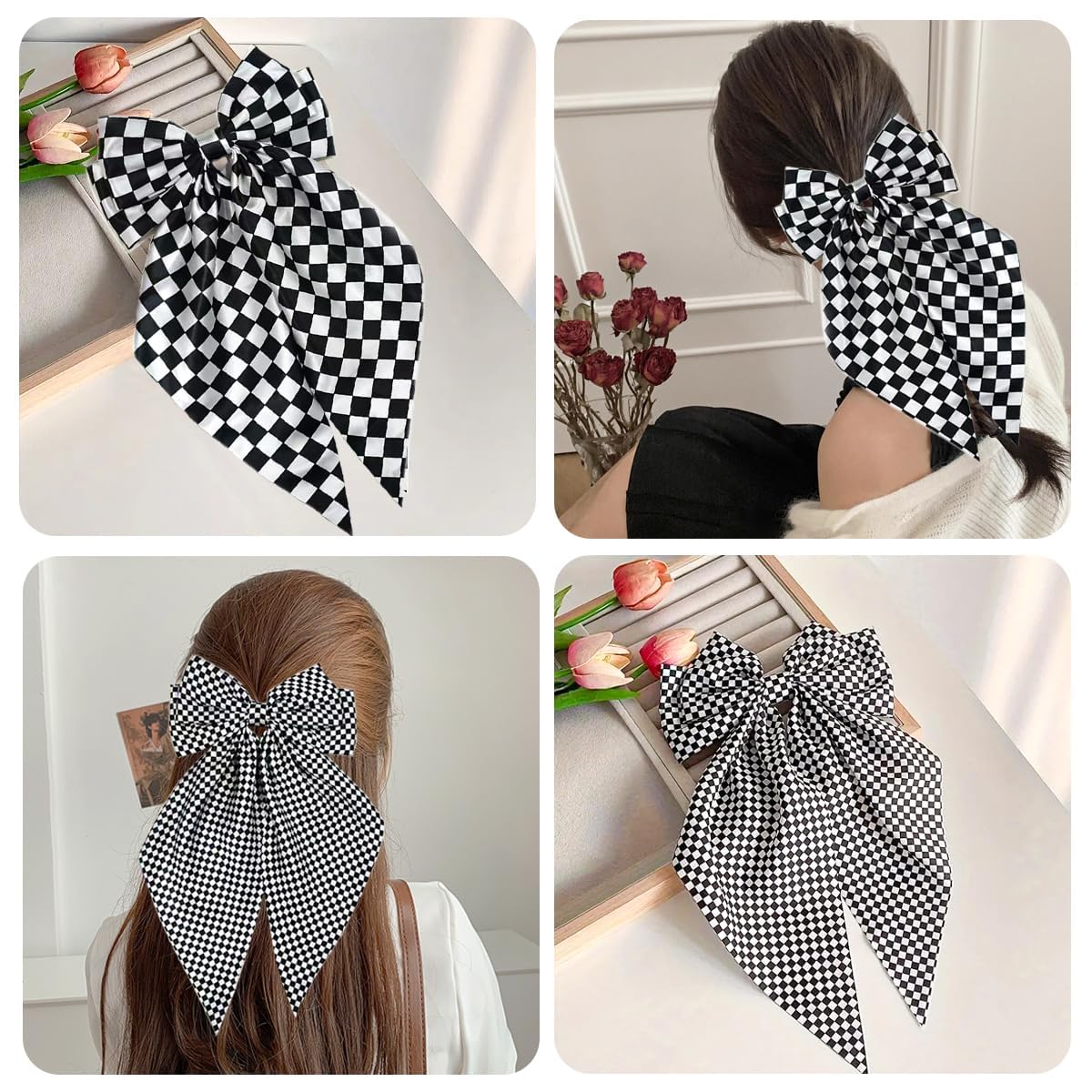 4 PCS Oversized Hair Bows for Women Girls Checkered Bow Hair Clips Large Black White Bowknot Barrettes Long Tail Vintage Headdress Fashion Ponytail Hairpin Metal Duckbill Clip Hair Accessories - Image 4