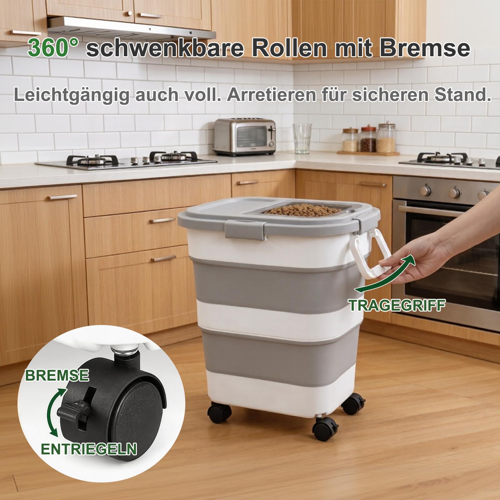 FUSHITON Großer faltbarer Hundefutterbehälter mit Rollen 24L – Trockenfutter Vorratsbehälter luftdicht mit Clip-Verschluss, inkl. Schaufel + 1000ml Messbecher, platzsparend klappbar, grau
