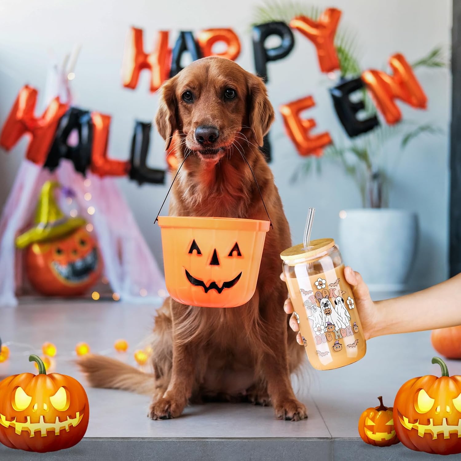 Honeydak Halloween Ghost Glass Cup 16 oz Funny Spooky Iced Coffee Tumbler with Bamboo Lid Straw and Brush Cute Halloween Dog Bottle Fall Glass Cup Gift for Women Birthday Family Party Decoration - Image 3