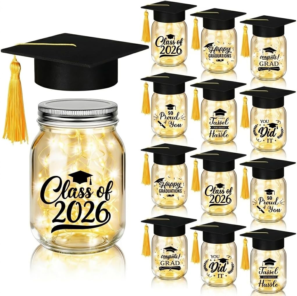 12 Sets 2026 Graduation Table Decoration with Lights, Light up Glass Mason Jars with Printed Designs for Class of 2026 Graduation Table Centerpieces Decor with Grad Hat for Congrats Grad Party Favor