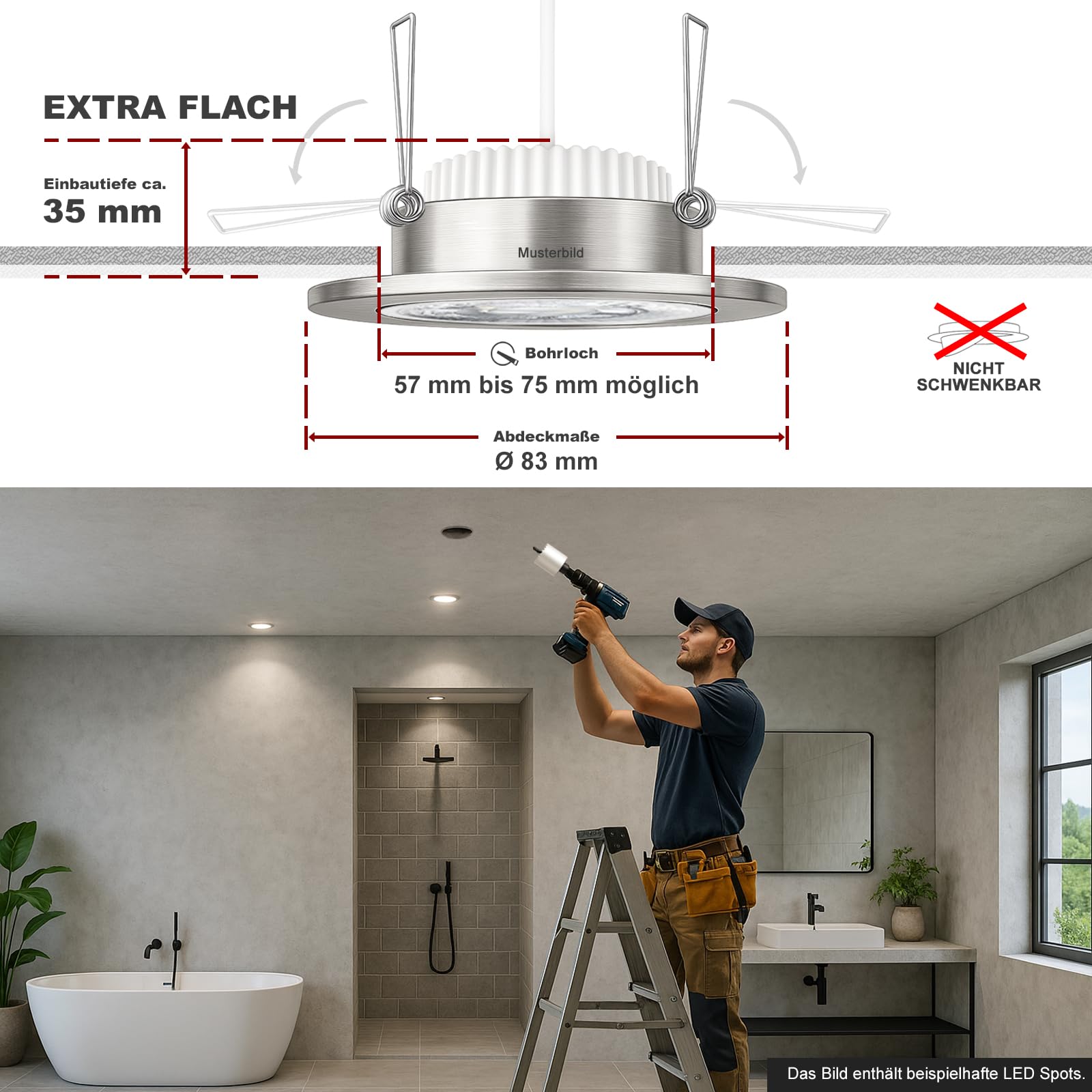 trendlights24 Mare IP44 Bad LED Einbaustrahler 230V Edelstahl rund 3 Stufen dimmbar ultra flach 35 mm 3er Set 5W Neutralweiß für Feuchtraum