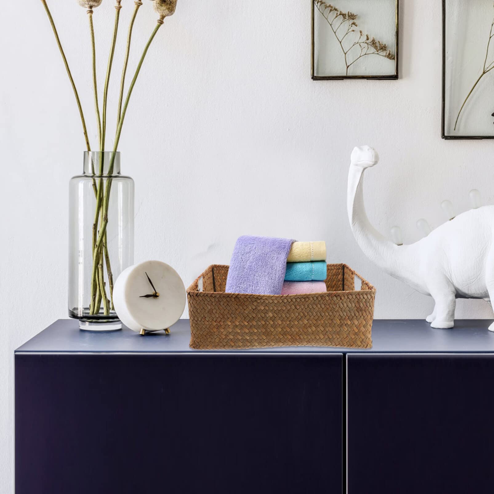 STOBAZA Table Top Trash Can Woven Baskets for Storage with Lid Small Basket Tabletop Fruit Bins Home Decor Rectangle Tray Trashcan Foods Storage Organizer Shoe Basket Make up Child Seaweed