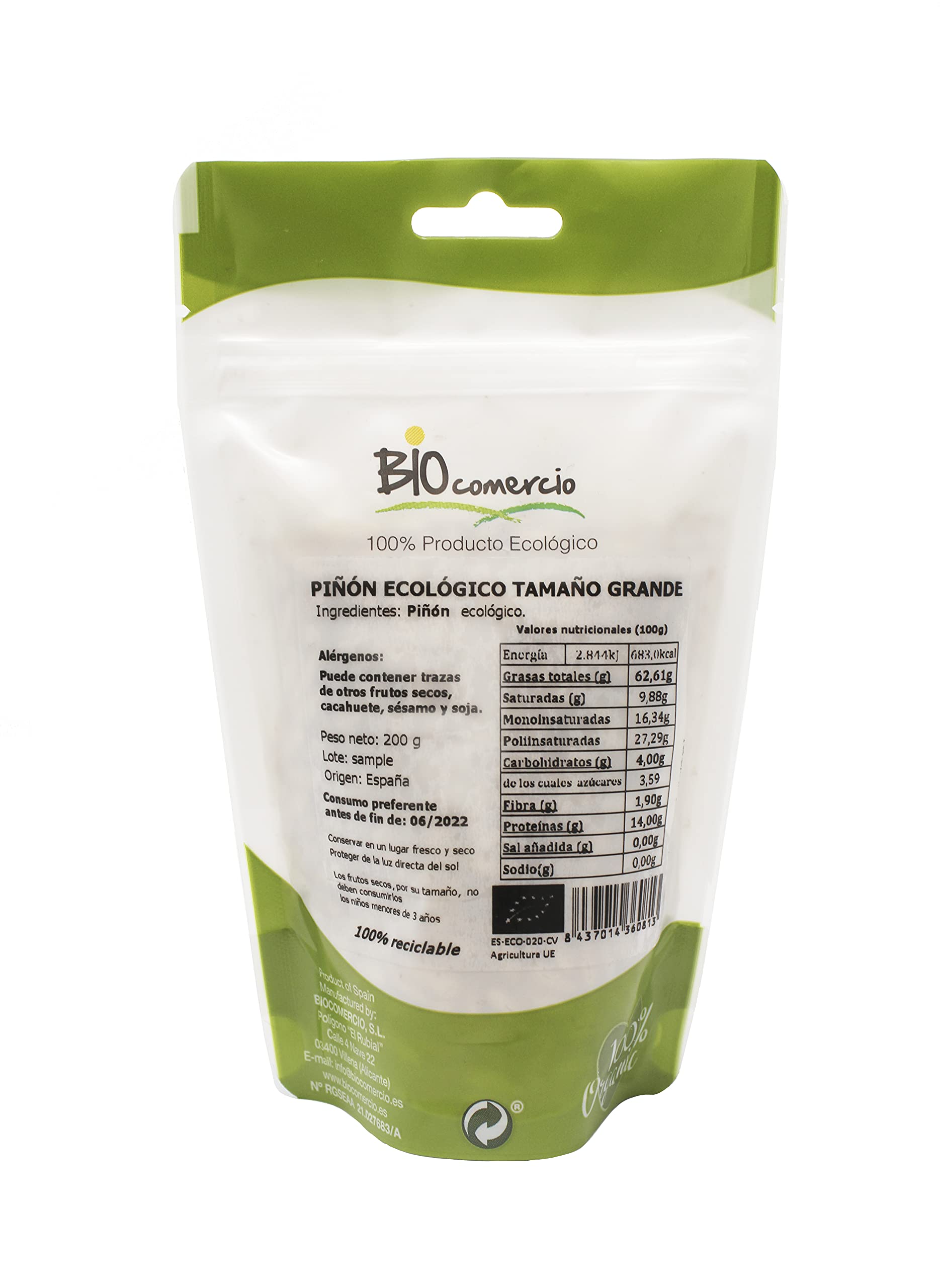 BIOCOMERCIO | Piñón Ecológico Tamaño Grande | Piñones Grandes| 200 gramos | Piñones enteros | Frutos secos | BIO