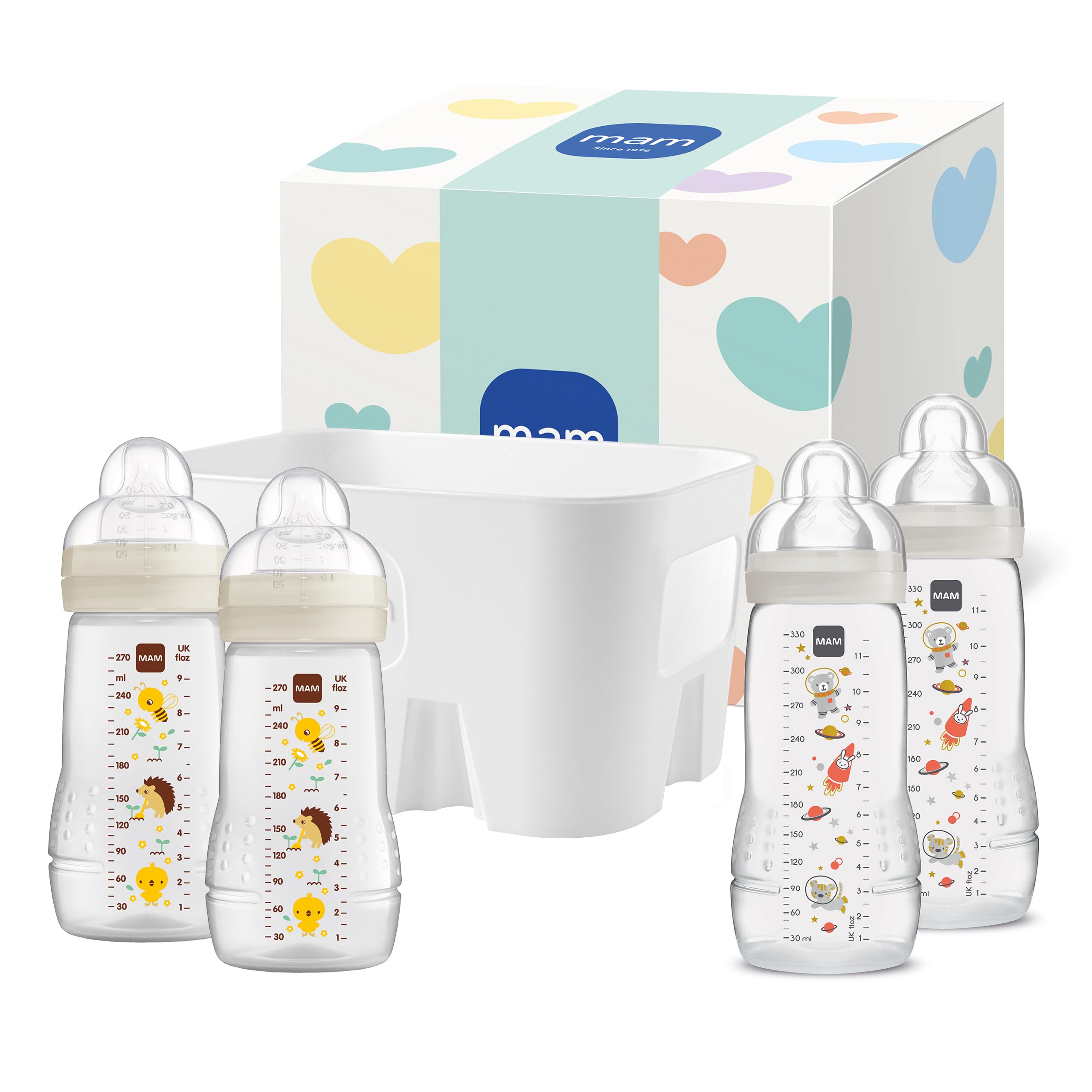 MAM Easy Active Baby Bottle-Set | 0+ Mon | Babyflaschen-Set für Neugeborene | 94% Akzeptanz | stillfreundlich | 2 Trinkflaschen & 1 Flaschenkorb | beige