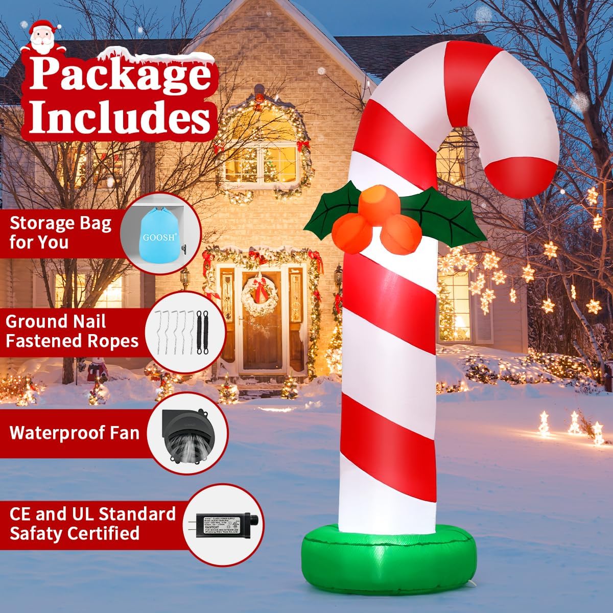 GOOSH 6 FT Christmas Inflatables Candy Cane Outdoor Decorations Blow Up Yard Candy Cane with Built-in LEDs for Holiday Xmas Garden Lawn Decor
