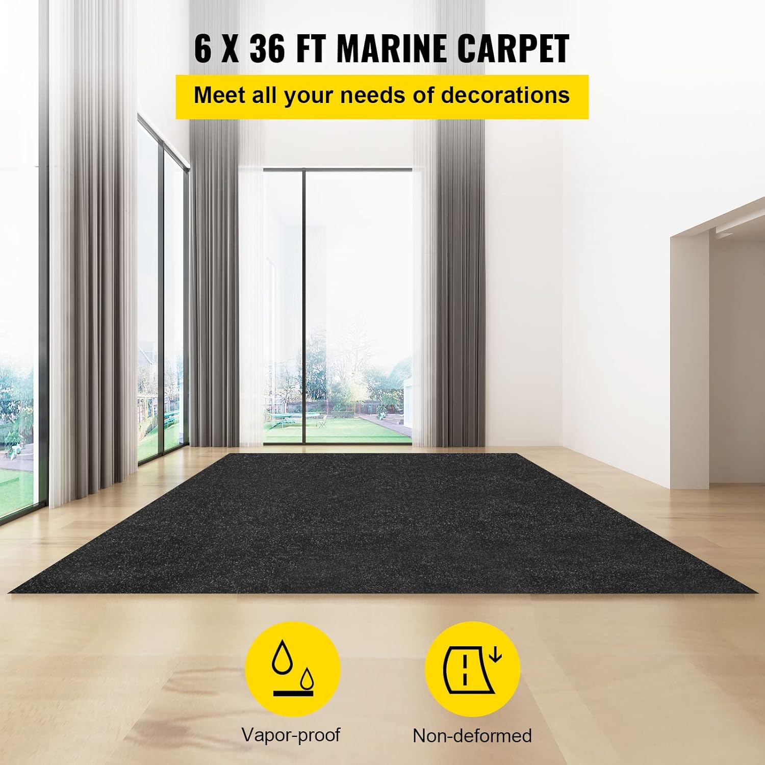 VEVOR Marine Carpet, 6 x 36 ft Indoor Outdoor Carpet Charcoal Black Marine Grade Boat Carpet, Marine Carpeting with Water-Proof TPR Backing Boat Carpeting Roll for Home Patio Porch