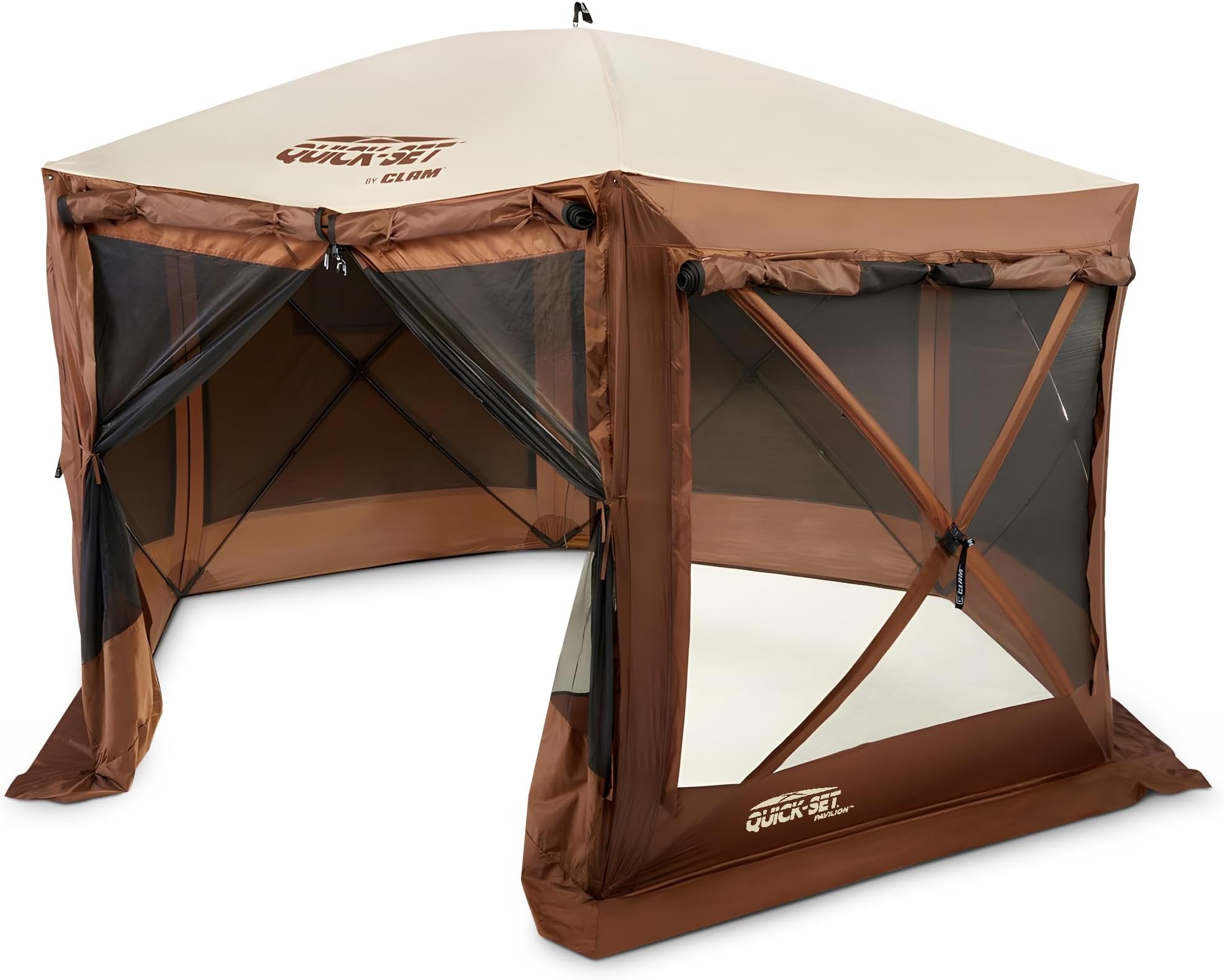 Pop Up Screen Tent, Large Outdoor Camping Gazebo Canopy, Pavilion, 12.5', Brown - Foldable and Portable Screened Shelter with Netting for Beach, Patio, and Backyard