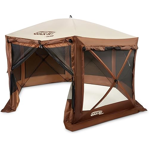 CLAM Pop Up Screen Tent, Outdoor Camping Gazebo Canopy, Pavilion, 12.5', Brown - Heavy-Duty Portable Screened Shelter with Netting for Beach, Patio, and Backyard