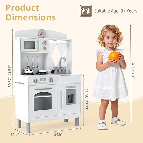 Miniatura 8 de INFANS Cocina para niños, juego de simulación de madera con alturas ajustables, sonidos realistas, máquina de hielo, horno microondas, juguete de