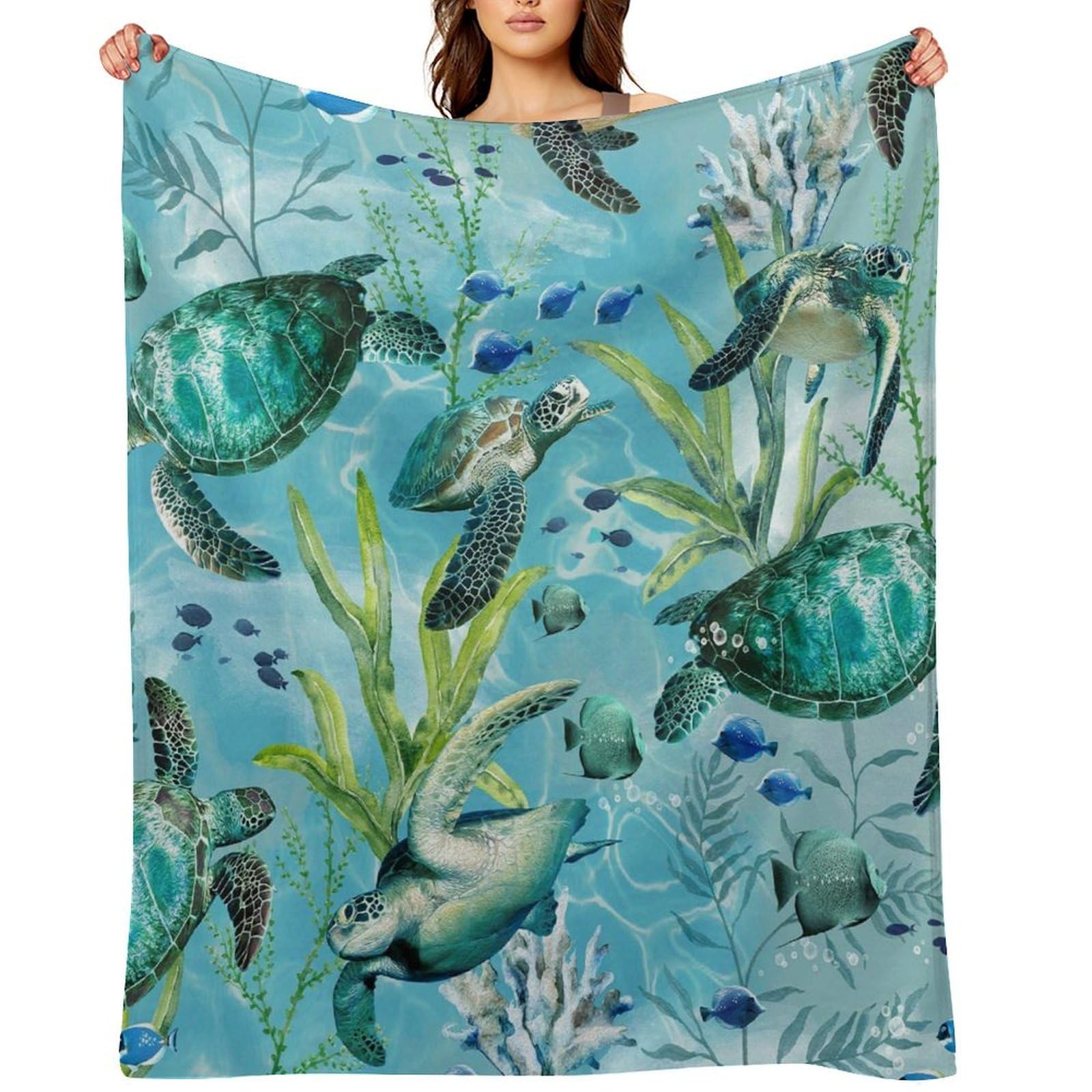 Sea Turtle-Blue Throw Blanket for Couch and Bed Super Soft Warm Lightweight Throw Blankets Cozy Fuzzy Flannel Blanket Personalized Decorative Blankets for Sofa Decor 30"x40"