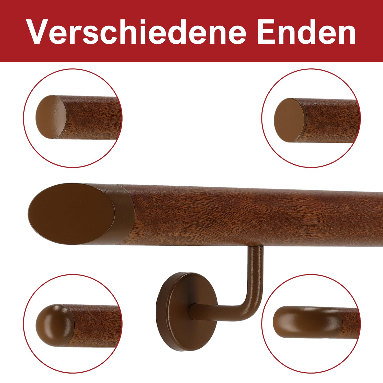 TIBU Corrimano in alluminio e mogano da 30 a 600 cm per corrimano a parete con supporto angolare in acciaio inox, lunghezza 120 cm con 2 supporti e terminale inclinato