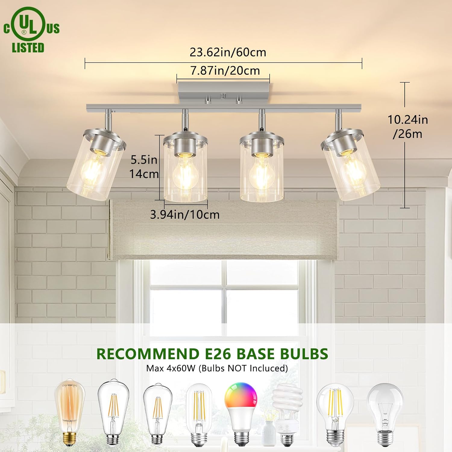 FadimiKoo 4-Lights Brushed Nickel Kitchen Lighting Fixtures Ceiling, Black Semi Flush Mount Ceiling Light with Clear Glass Shades, Adjustable Close to Ceiling Lamp for Dining Room Hallway Bedroom