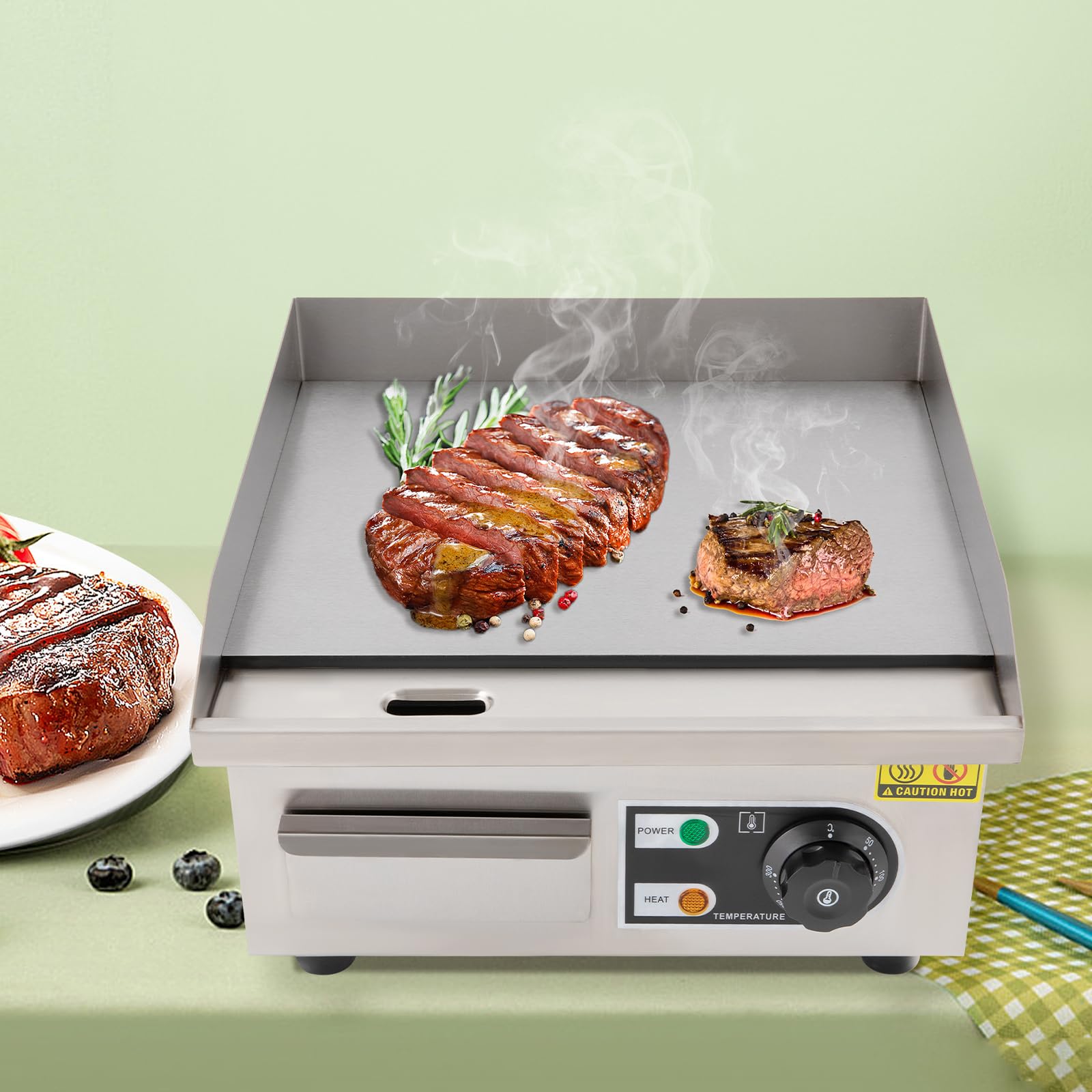 Barbacoa eléctrica comercial, 2000 W, plancha eléctrica, temperatura 50 – 300 °C, placa para asar con 2 espátulas y 2 cepillos, para filetes y panqueques