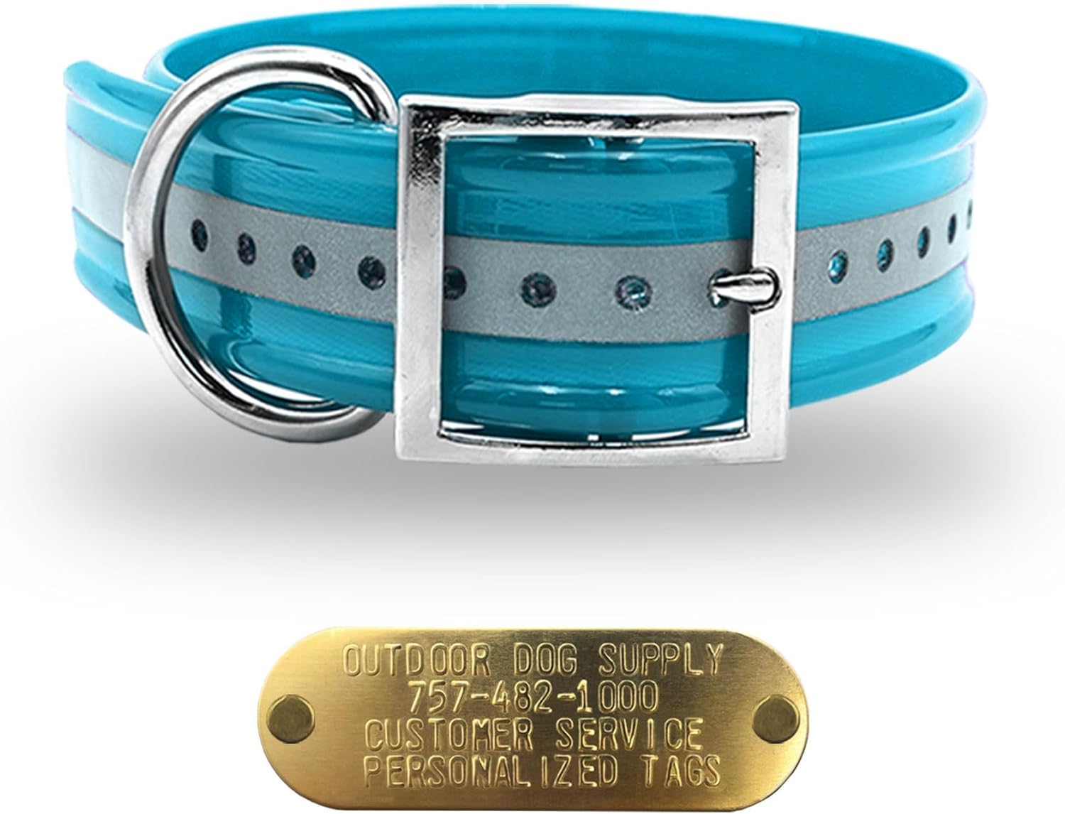 Heavy-Duty 1.5" Wide Waterproof Reflective D Ring Dog Collar with Custom Name Tag – Durable, Odor-Resistant, for Large & XL Breeds (Reflective Teal, 21" Long)