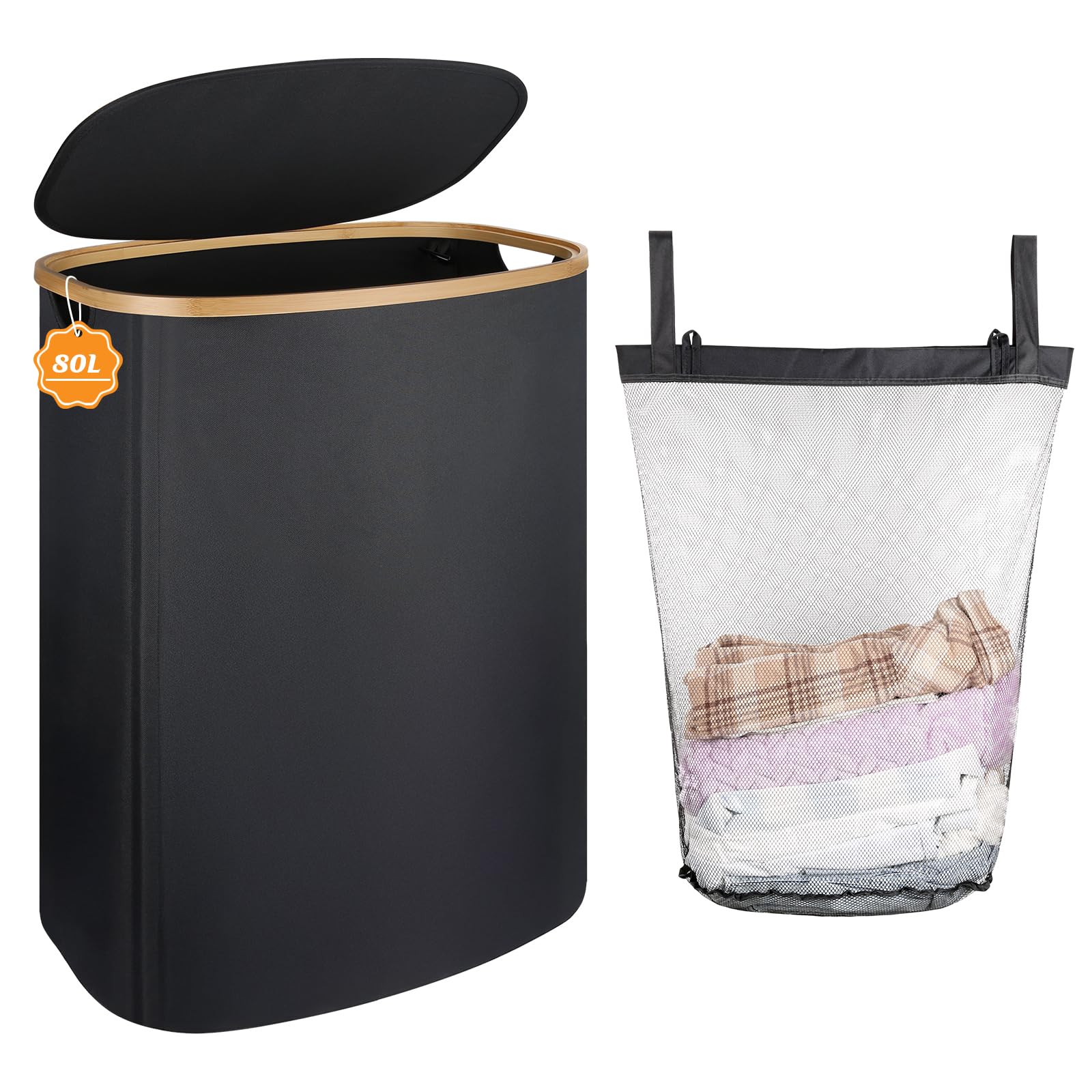 Laundry Basket with Lid, 80L Washing Basket for Laundry Slim Laundry Basket with Bamboo Handles and A Removable Laundry Bag, Large Foldable Laundry Hamper for Dorm, Laundry Room, Bedroom, Bathroom