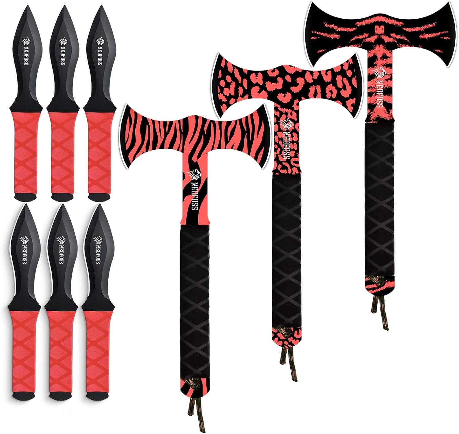 NedFoss Throwing Axes and Knives 9Pack, Deluxe Double Bit