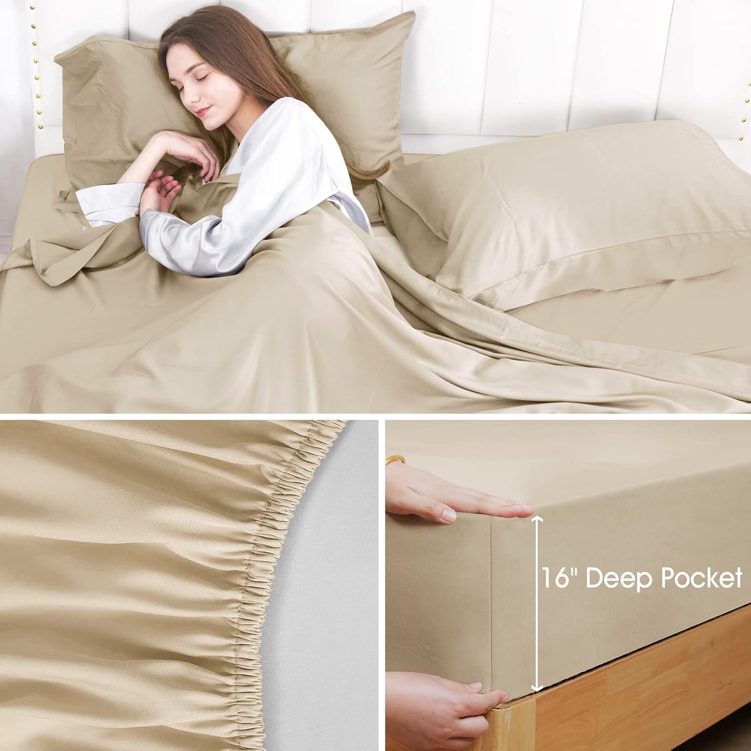 David's Home 100% Rayon Derived from Bamboo Cooling Sheets Set,Luxury Silky Soft Breathable for Hot Sleeper, 16" Deep Pocket Sheets with Pillowcase for Spring Summer,Queen,Khaki