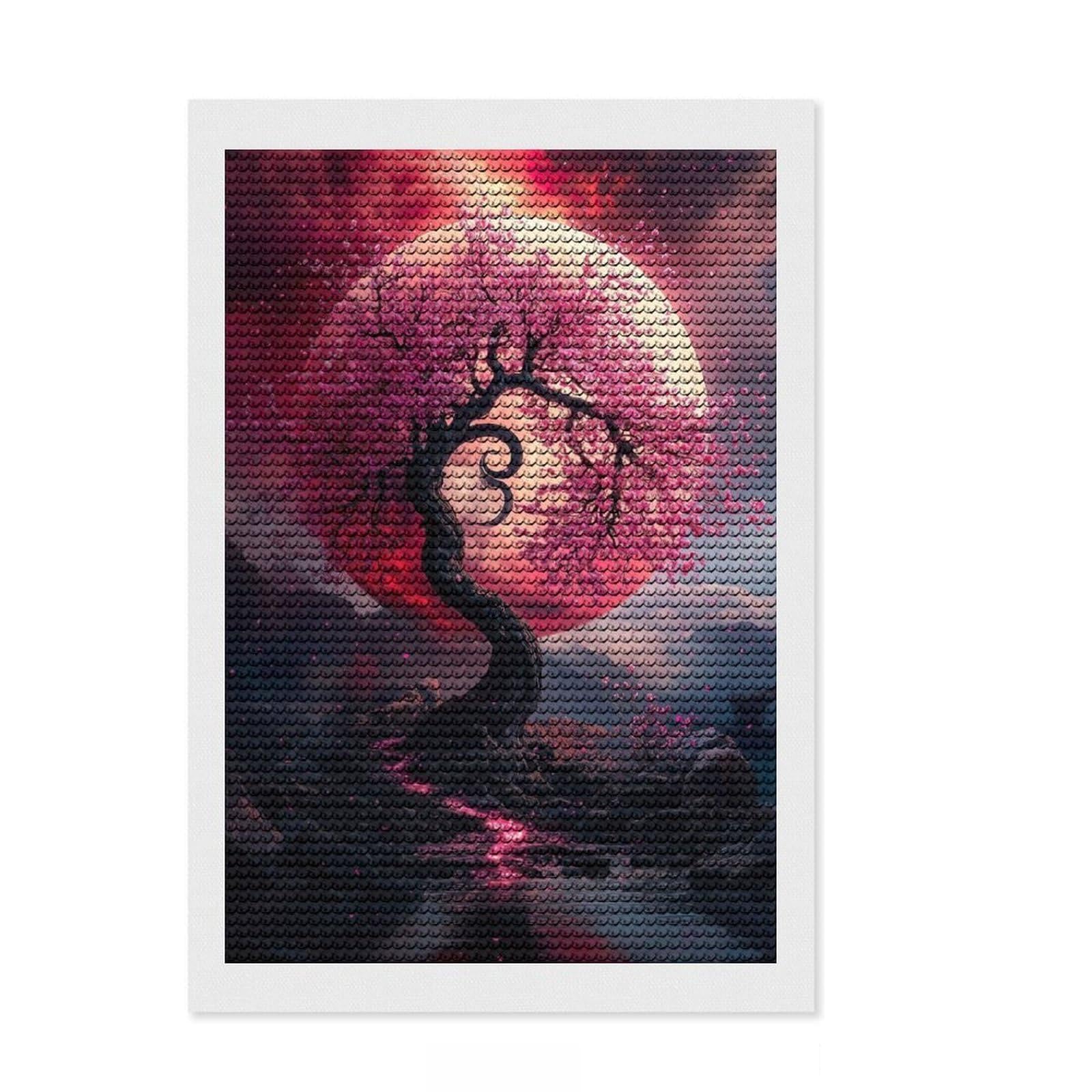 Junmoney Cherry Blossom Moonlight Diamond Painting Kit 8"x12", Birthday Gift, Festive Craft Gift, with Tool Kit, Decor Project, Modern Decor